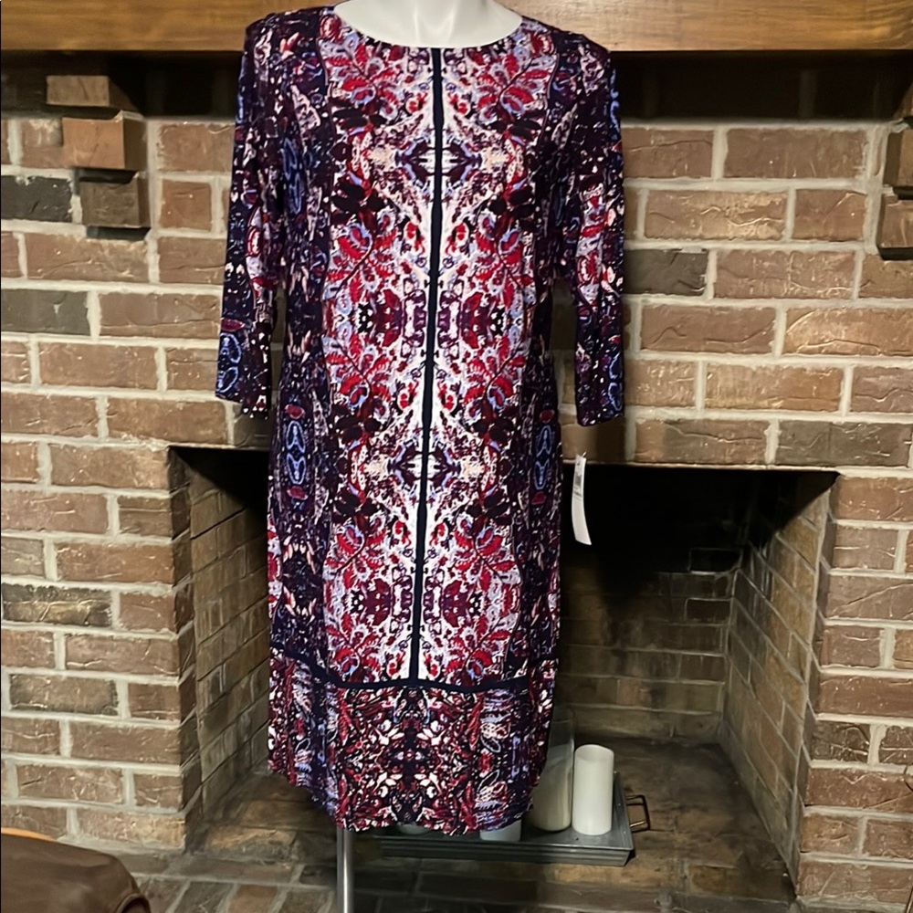 London Times Red and Purple Sheath Dress 3/4 Sleeve Crew Neck
